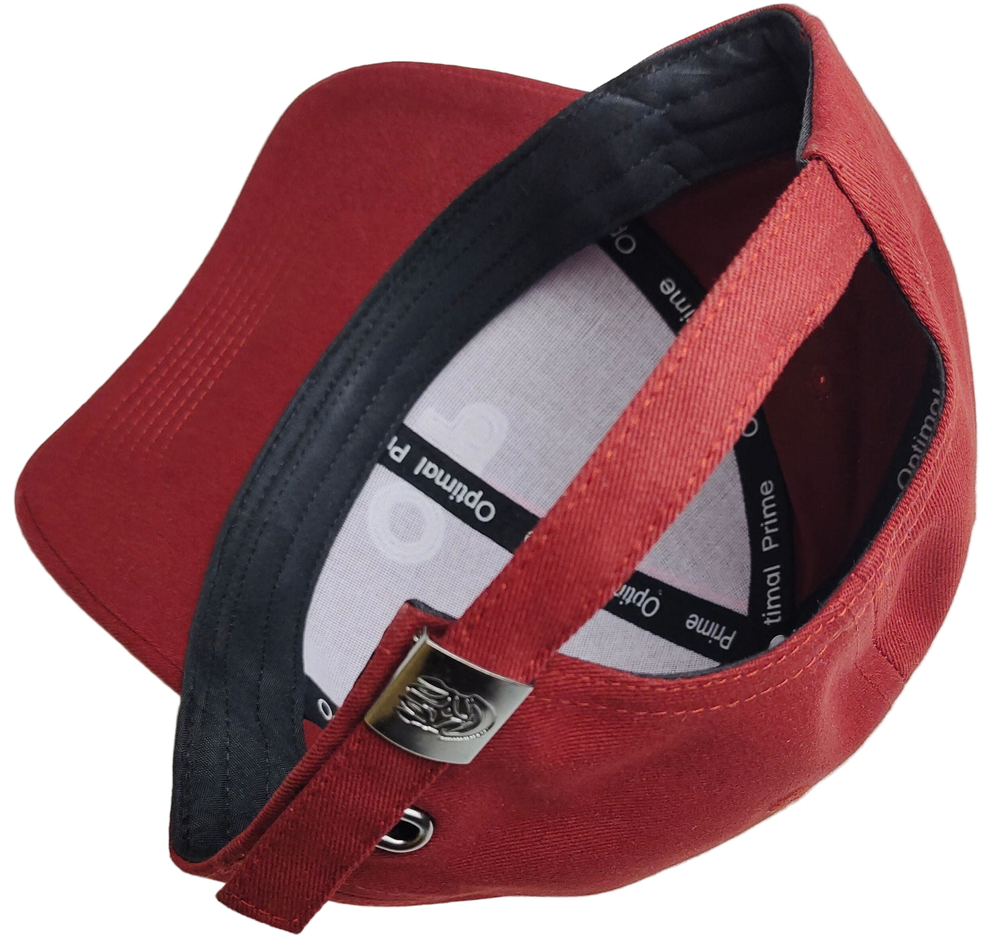 Red cap with a visible brand logo on a white background