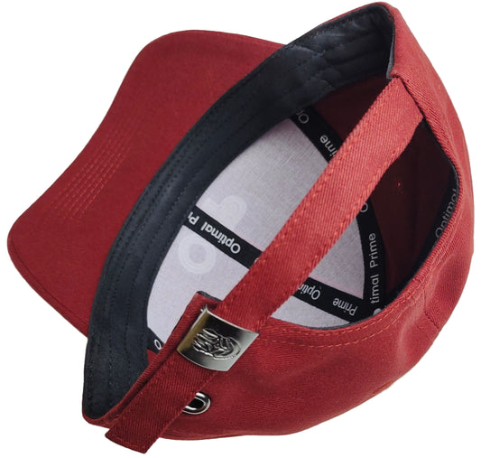 Red cap with a visible brand logo on a white background